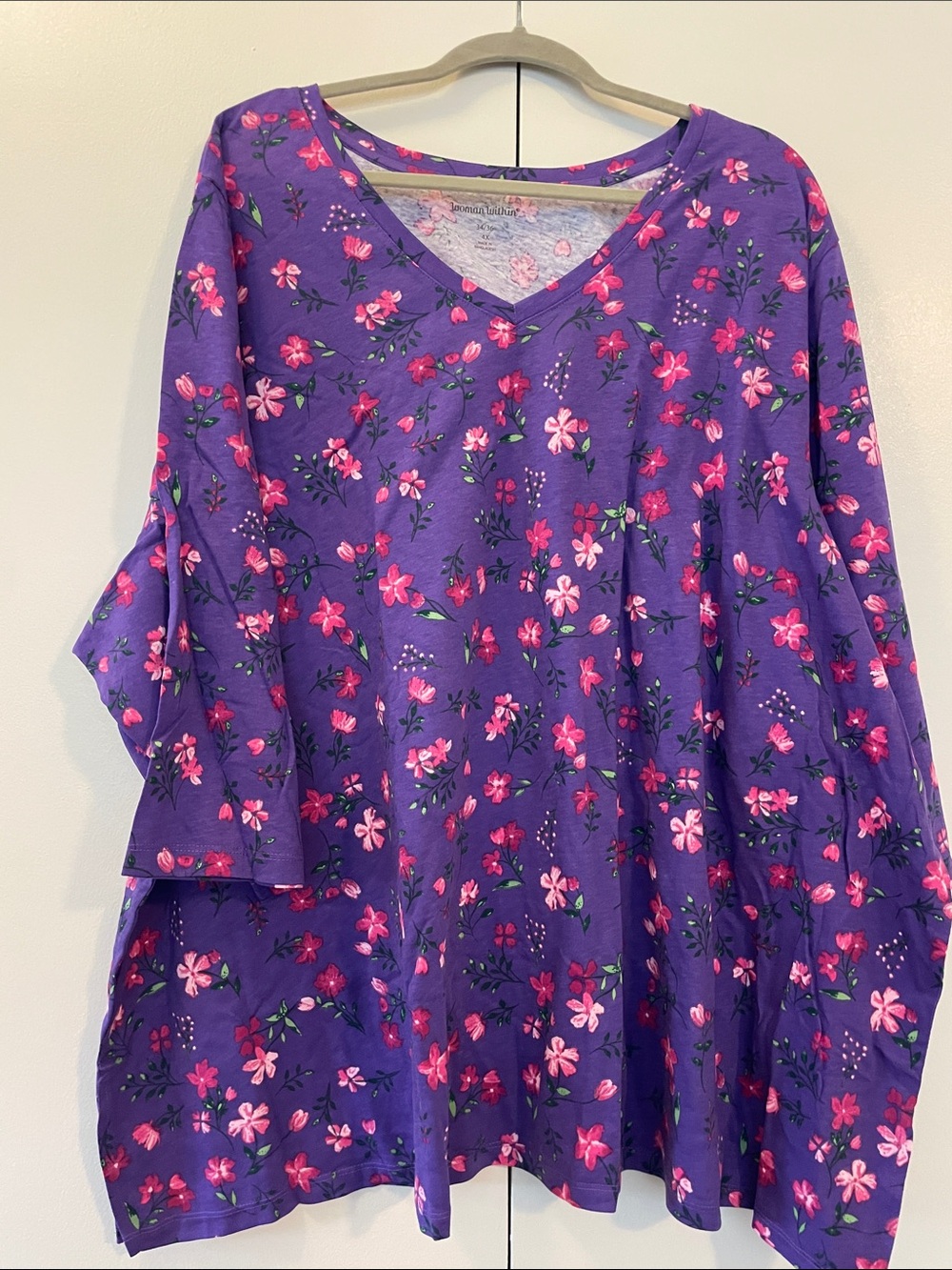 Woman Within Purple Floral V‑Neck Top